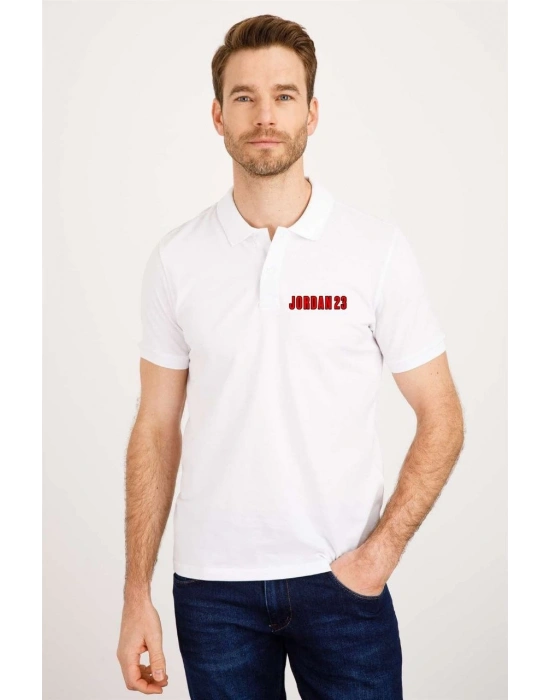 Erkek Pike Polo Yaka Tişört Düğmeli Baskılı T-Shirt - Beyaz