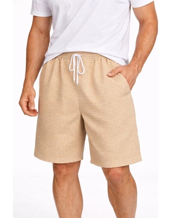 Erkek Pötikareli Şort – Beli Lastikli Bağcıklı, Cepli, Yazlık Şort - Bej