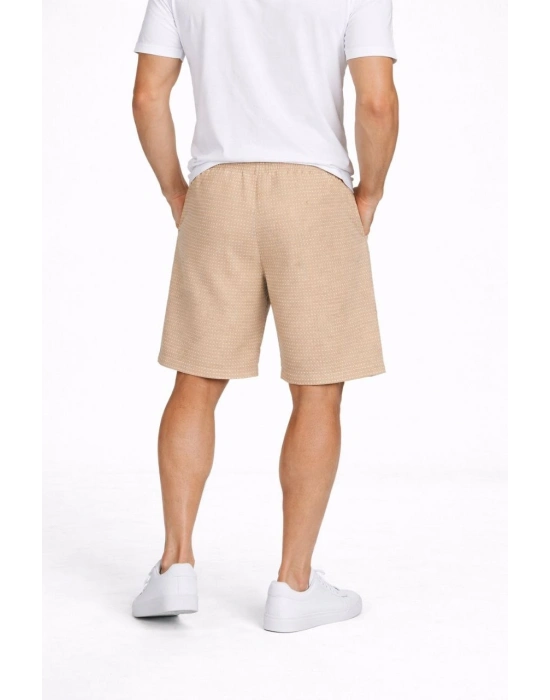 Erkek Pötikareli Şort – Beli Lastikli Bağcıklı, Cepli, Yazlık Şort - Bej