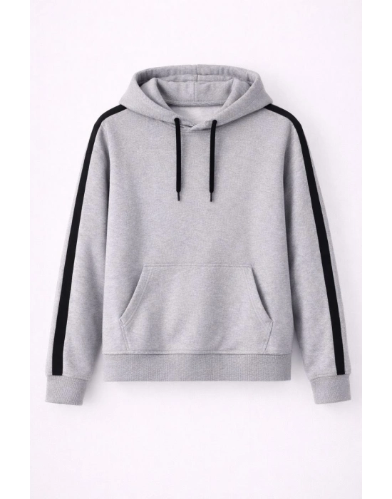 Erkek Şeritli Kapüşonlu Sweatshirt Oversize 3 iplik Pamuklu - Gri