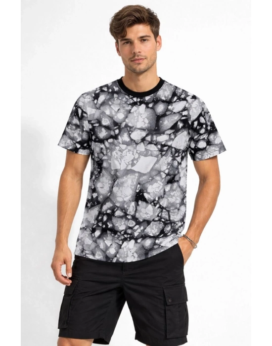 Erkek Siyah Gri Taş Desenli Tişört – Regular Fit, Bisiklet Yaka, Dijital Baskılı Modern Tasarım T-Shirt - Siyah