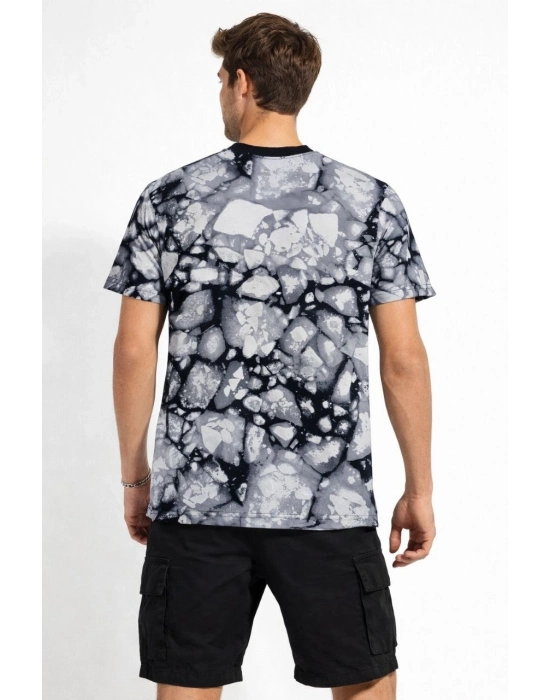 Erkek Siyah Gri Taş Desenli Tişört – Regular Fit, Bisiklet Yaka, Dijital Baskılı Modern Tasarım T-Shirt - Siyah