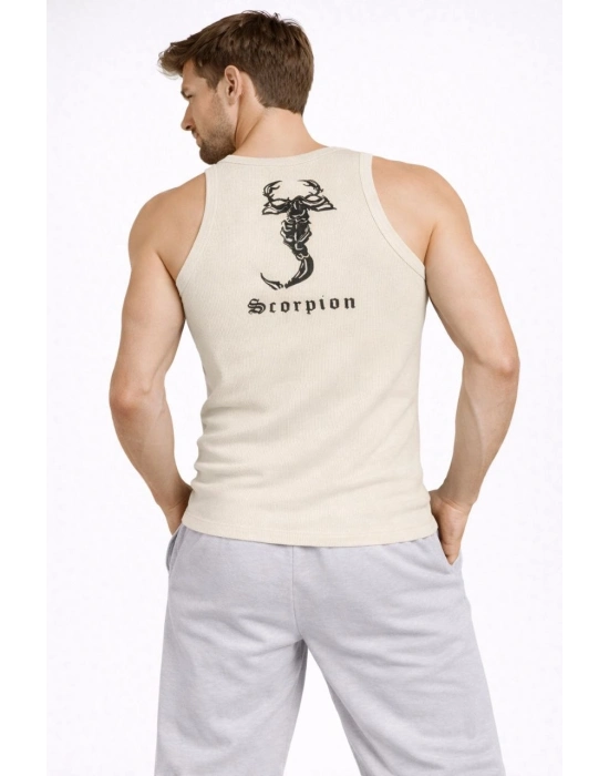 Erkek Spor Slimfit Fitilli Kaşkorse Arka Basklı Atlet 2li Set Siyah-Bej