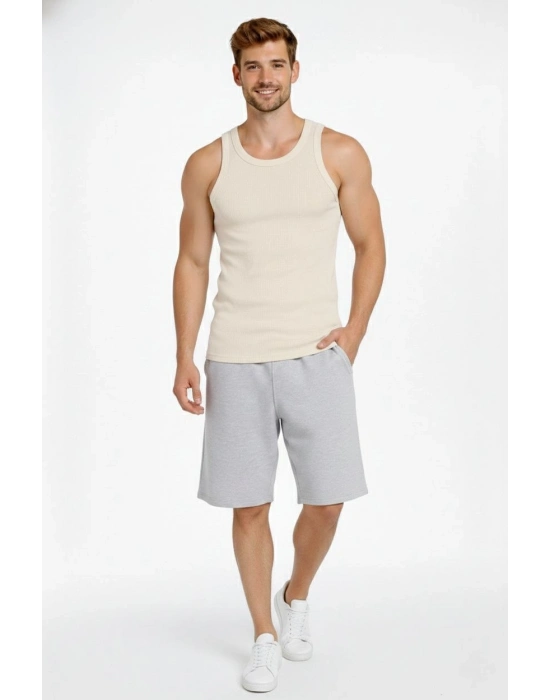 Erkek Spor Slimfit Fitilli Kaşkorse Arka Basklı Atlet 2li Set Siyah-Bej