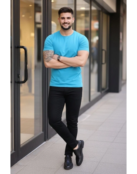 Erkek T-Shirt Bisiklet Yaka Slim Fit dar kesim Likralı Tişört Günlük Basic Body - Açık Mavi