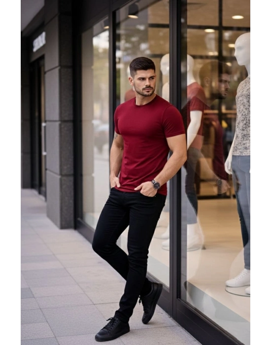 Erkek T-Shirt Bisiklet Yaka Slim Fit dar kesim Likralı Tişört Günlük Basic Body - Bordo