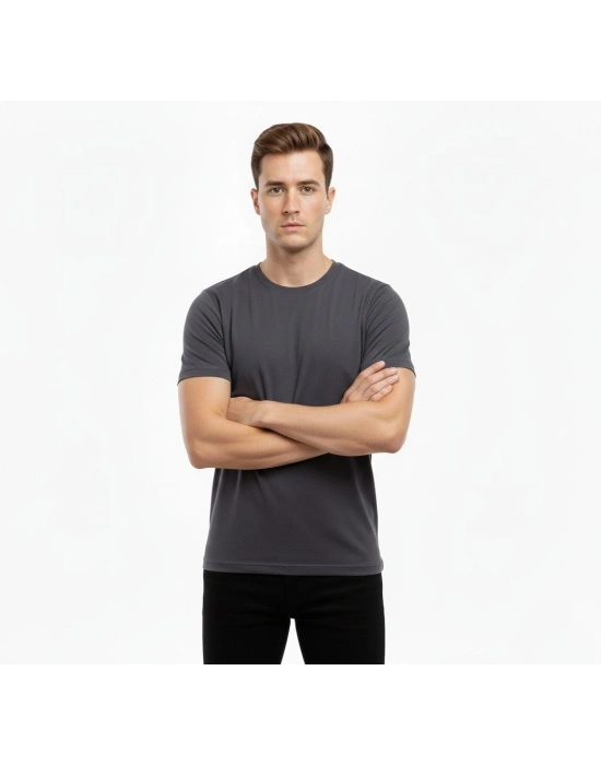 Erkek T-Shirt Bisiklet Yaka Slim Fit dar kesim Likralı Tişört Günlük Basic Body - Füme