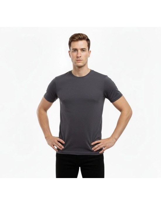 Erkek T-Shirt Bisiklet Yaka Slim Fit dar kesim Likralı Tişört Günlük Basic Body - Füme