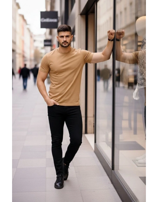 Erkek T-Shirt Bisiklet Yaka Slim Fit dar kesim Likralı Tişört Günlük Basic Body - Kahverengi