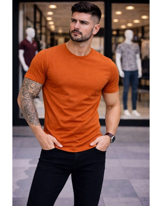 Erkek T-Shirt Bisiklet Yaka Slim Fit dar kesim Likralı Tişört Günlük Basic Body - Koyu Turuncu
