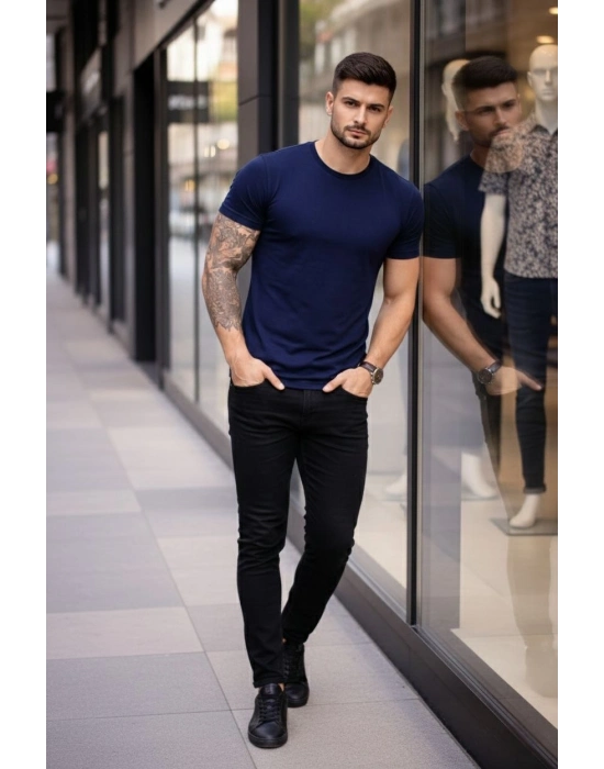 Erkek T-Shirt Bisiklet Yaka Slim Fit dar kesim Likralı Tişört Günlük Basic Body - Lacivert