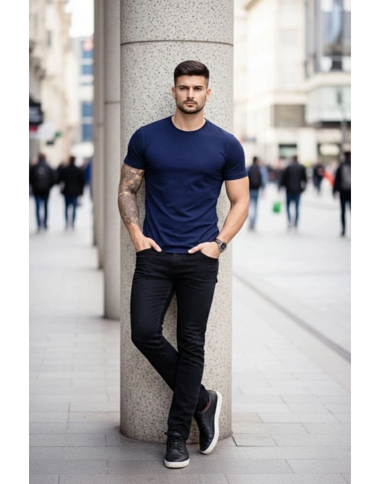 Erkek T-Shirt Bisiklet Yaka Slim Fit dar kesim Likralı Tişört Günlük Basic Body - Lacivert