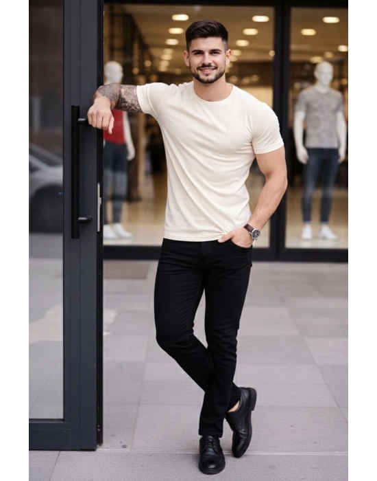 Erkek T-Shirt Bisiklet Yaka Slim Fit dar kesim Likralı Tişört Günlük Basic Body - Taş