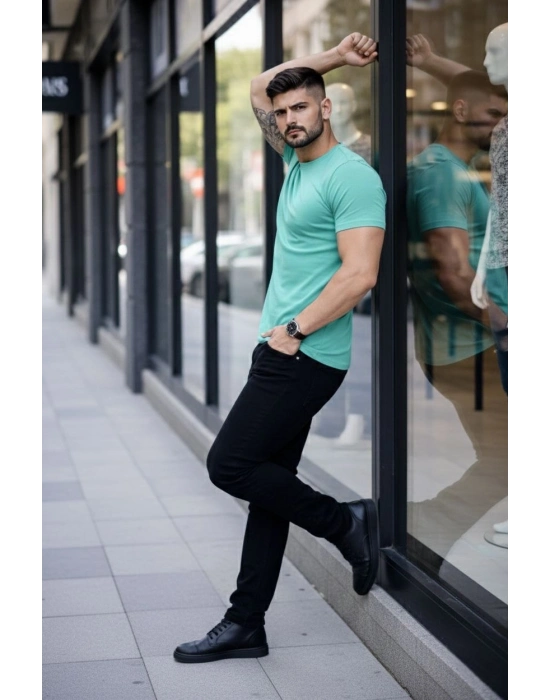 Erkek T-Shirt Bisiklet Yaka Slim Fit dar kesim Likralı Tişört Günlük Basic Body - Turkuvaz