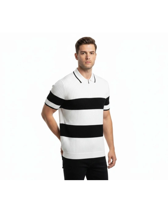 Erkek T-shirt Çizgili Triko Dokuma Kumaş Polo Yaka Yarım Fermuarlı Regular Kalıp Tişört - Beyaz
