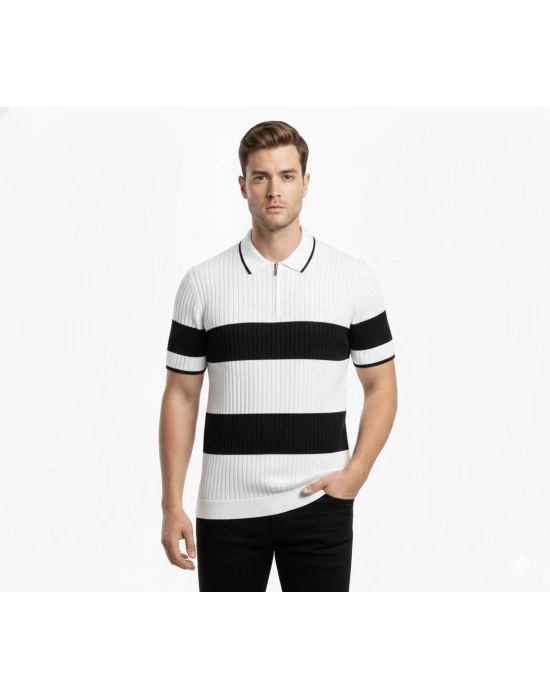 Erkek T-shirt Çizgili Triko Dokuma Kumaş Polo Yaka Yarım Fermuarlı Regular Kalıp Tişört - Beyaz