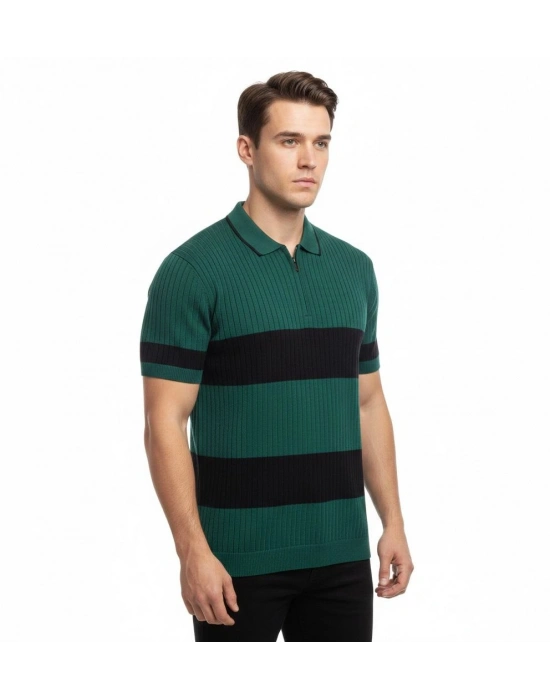 Erkek T-shirt Çizgili Triko Dokuma Kumaş Polo Yaka Yarım Fermuarlı Regular Kalıp Tişört - Çağla Yeşili