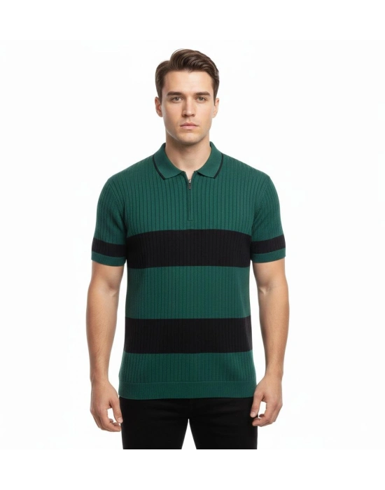 Erkek T-shirt Çizgili Triko Dokuma Kumaş Polo Yaka Yarım Fermuarlı Regular Kalıp Tişört - Çağla Yeşili