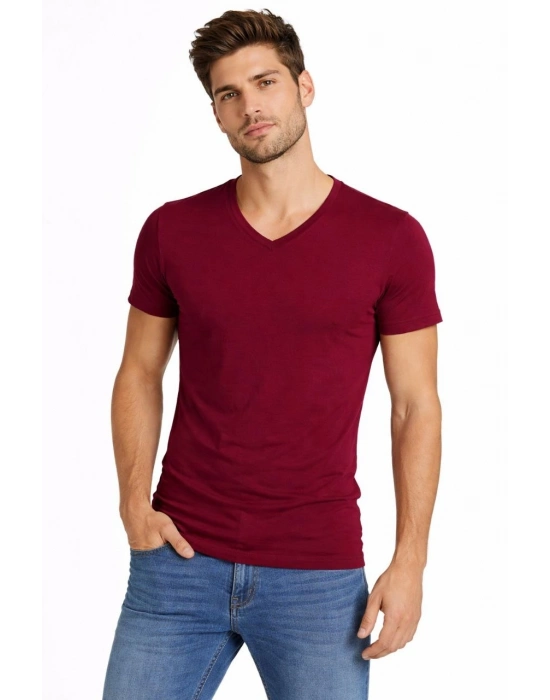 Erkek T-Shirt V Yaka Slim Fit dar kesim Likralı Tişört Günlük Basic Body - Bordo