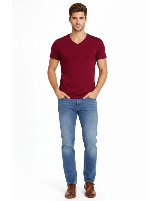 Erkek T-Shirt V Yaka Slim Fit dar kesim Likralı Tişört Günlük Basic Body - Bordo