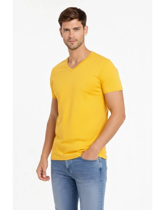 Erkek T-Shirt V Yaka Slim Fit dar kesim Likralı Tişört Günlük Basic Body - Limon
