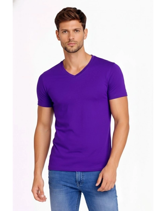 Erkek T-Shirt V Yaka Slim Fit dar kesim Likralı Tişört Günlük Basic Body - Mor