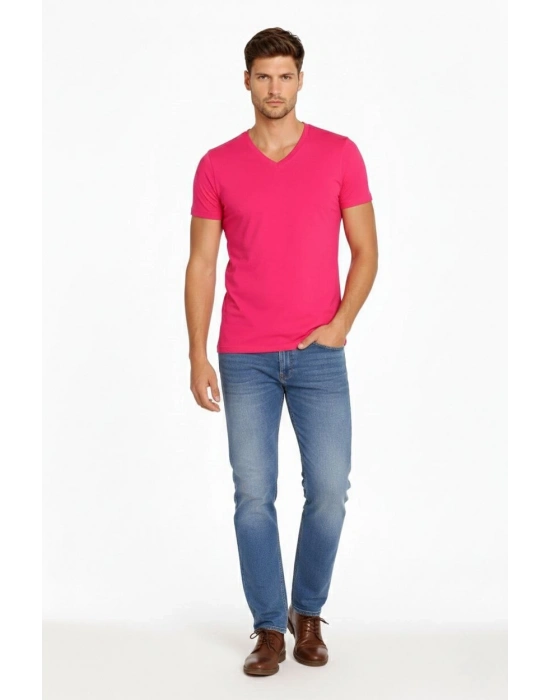 Erkek T-Shirt V Yaka Slim Fit dar kesim Likralı Tişört Günlük Basic Body - Pembe