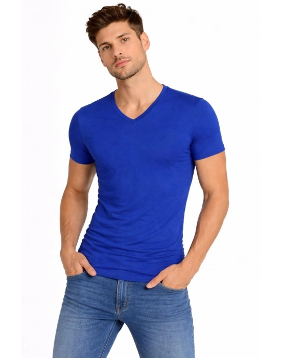 Erkek T-Shirt V Yaka Slim Fit dar kesim Likralı Tişört Günlük Basic Body - Saks Mavisi