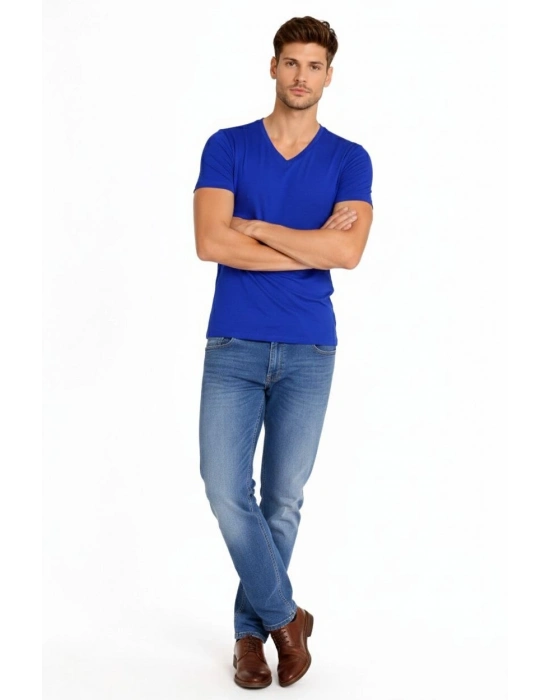 Erkek T-Shirt V Yaka Slim Fit dar kesim Likralı Tişört Günlük Basic Body - Saks Mavisi