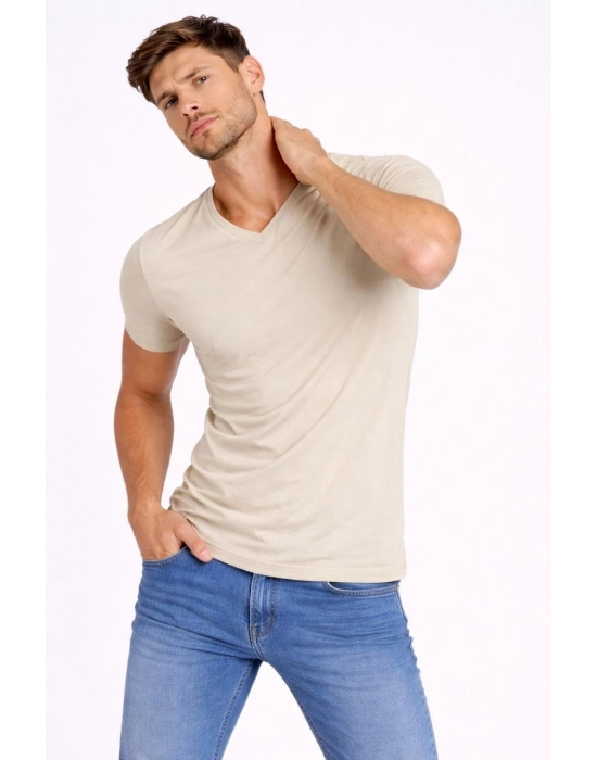 Erkek T-Shirt V Yaka Slim Fit dar kesim Likralı Tişört Günlük Basic Body - Taş
