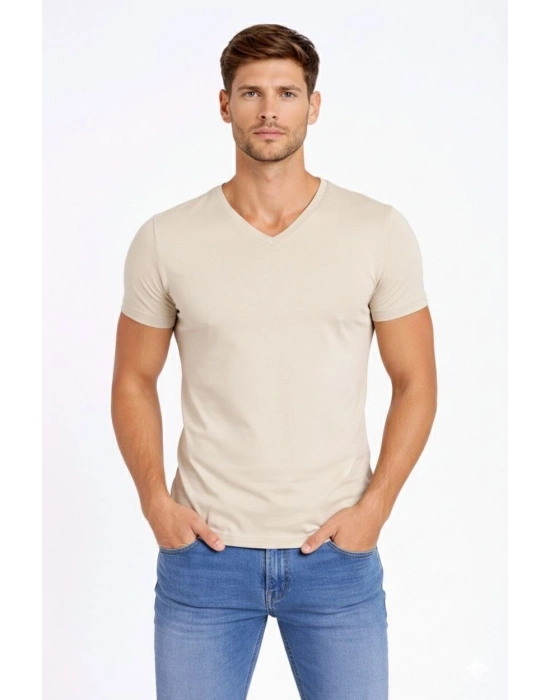 Erkek T-Shirt V Yaka Slim Fit dar kesim Likralı Tişört Günlük Basic Body - Taş