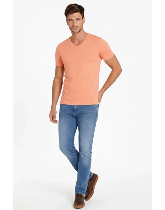Erkek T-Shirt V Yaka Slim Fit dar kesim Likralı Tişört Günlük Basic Body - Toz Pembe