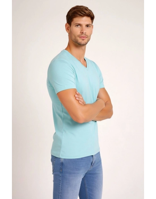 Erkek T-Shirt V Yaka Slim Fit dar kesim Likralı Tişört Günlük Basic Body - Turkuvaz