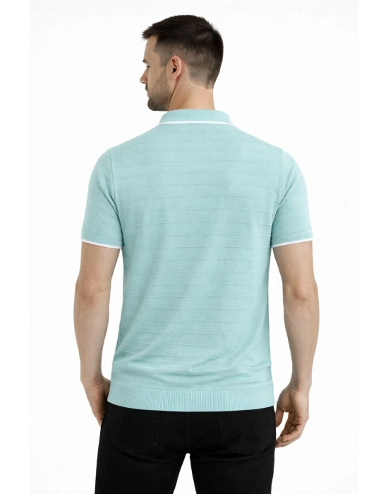 Erkek Triko Kumaş Yakalı Düğmesiz Açık Yaka Fitilli Kısa Kollu Regular Fit Tişört T-shirt - Mint yeşili