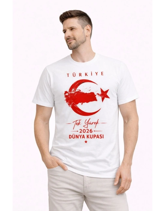 Erkek TÜRKİYE Ay Yıldız Baskılı Taraftar Forma T-Shirt - Beyaz