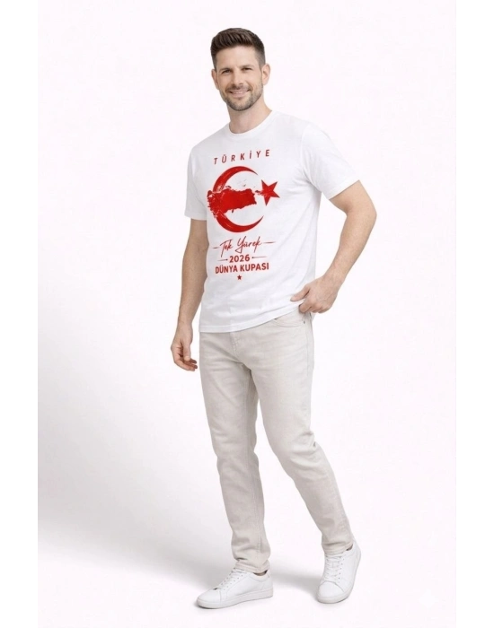 Erkek TÜRKİYE Ay Yıldız Baskılı Taraftar Forma T-Shirt - Beyaz