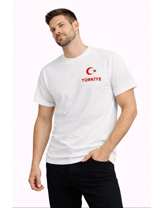 Erkek TÜRKİYE Ay Yıldız Baskılı Taraftar Forma T-Shirt - Beyaz