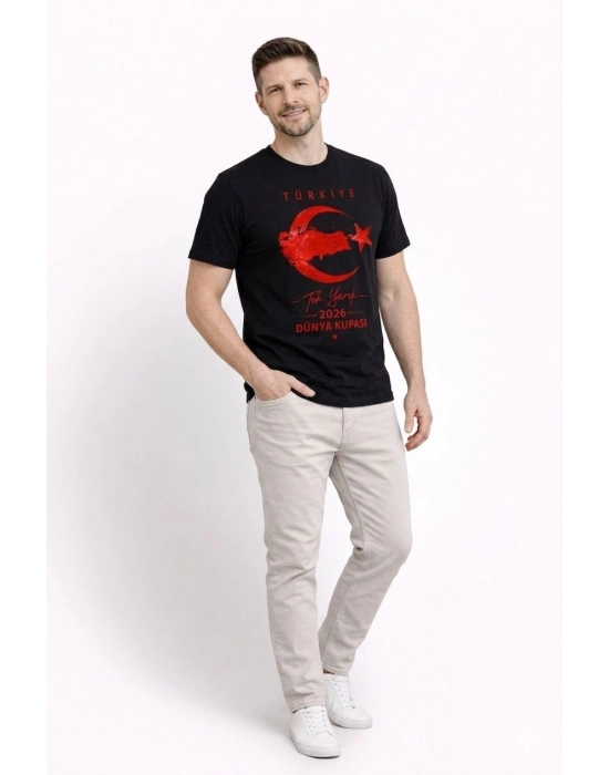 Erkek TÜRKİYE Ay Yıldız Baskılı Taraftar Forma T-Shirt - Siyah