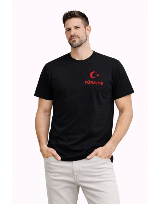 Erkek TÜRKİYE Ay Yıldız Baskılı Taraftar Forma T-Shirt - Siyah