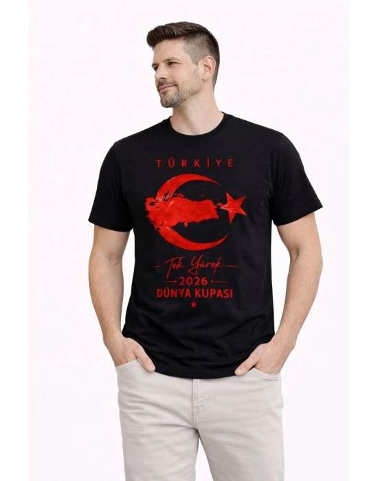 Erkek TÜRKİYE Ay Yıldız Baskılı Taraftar Forma T-Shirt - Siyah