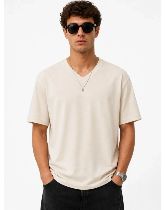 Erkek V Yaka Basic Tişört Kısa Kol Yazlık Regular Fit T-Shirt - Bej