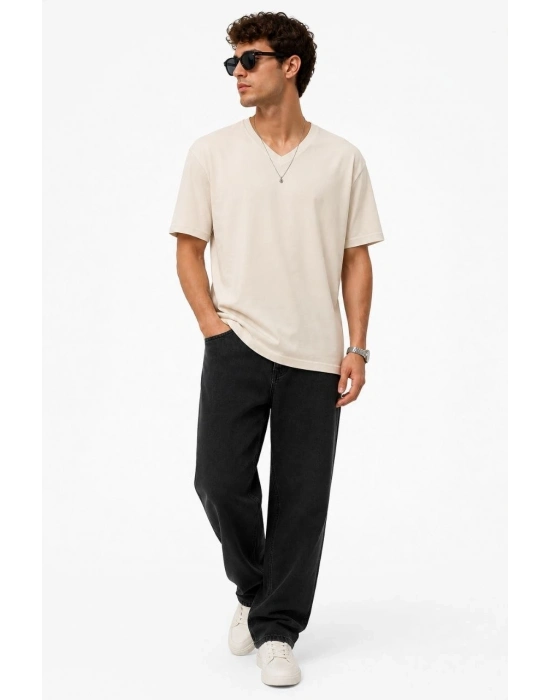 Erkek V Yaka Basic Tişört Kısa Kol Yazlık Regular Fit T-Shirt - Bej