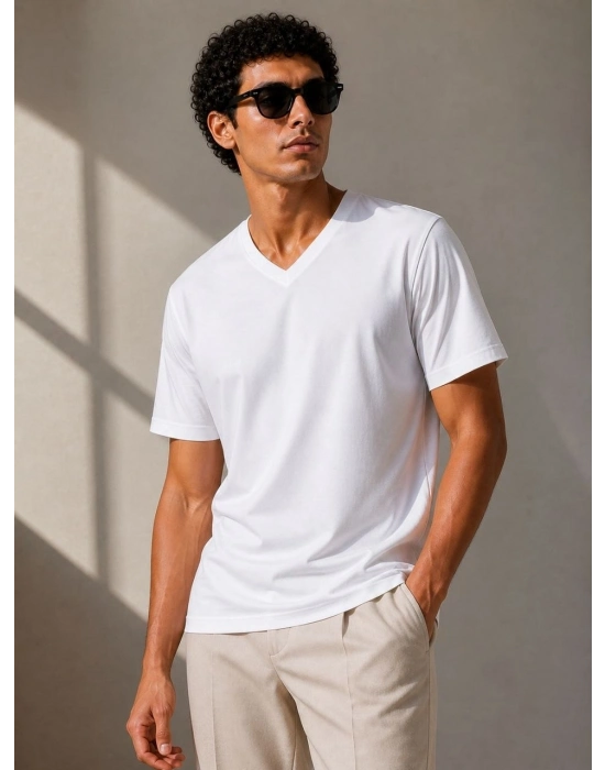 Erkek V Yaka Basic Tişört Kısa Kol Yazlık Regular Fit T-Shirt - Beyaz