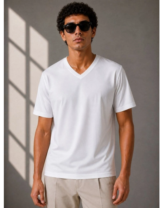 Erkek V Yaka Basic Tişört Kısa Kol Yazlık Regular Fit T-Shirt - Beyaz