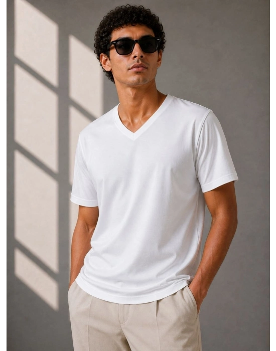 Erkek V Yaka Basic Tişört Kısa Kol Yazlık Regular Fit T-Shirt - Beyaz
