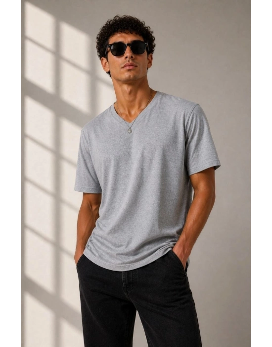 Erkek V Yaka Basic Tişört Kısa Kol Yazlık Regular Fit T-Shirt - Gri
