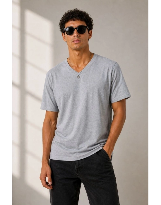 Erkek V Yaka Basic Tişört Kısa Kol Yazlık Regular Fit T-Shirt - Gri