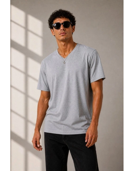 Erkek V Yaka Basic Tişört Kısa Kol Yazlık Regular Fit T-Shirt - Gri