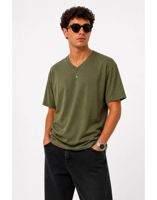 Erkek V Yaka Basic Tişört Kısa Kol Yazlık Regular Fit T-Shirt - Haki