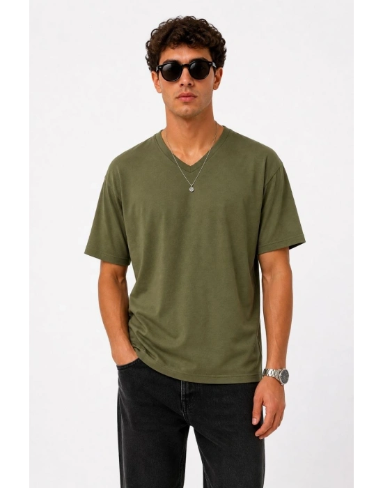 Erkek V Yaka Basic Tişört Kısa Kol Yazlık Regular Fit T-Shirt - Haki